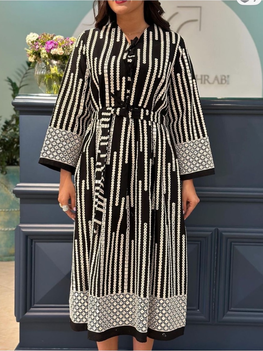 Black & White Striped Belted Long-Sleeve Midi Dress